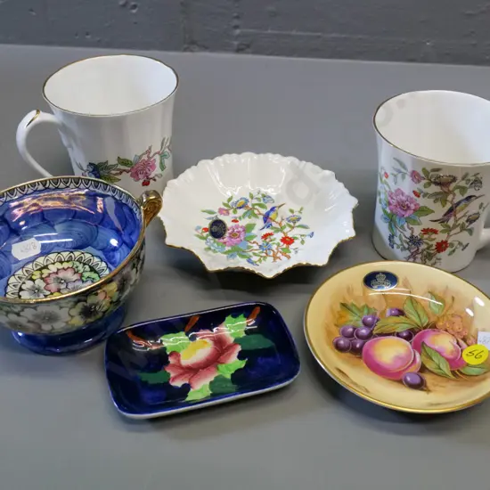 Aynsley Orchard Gold pin dish, 2 Aynsley Pembroke mugs and pin dish, 2 pieces of Maling