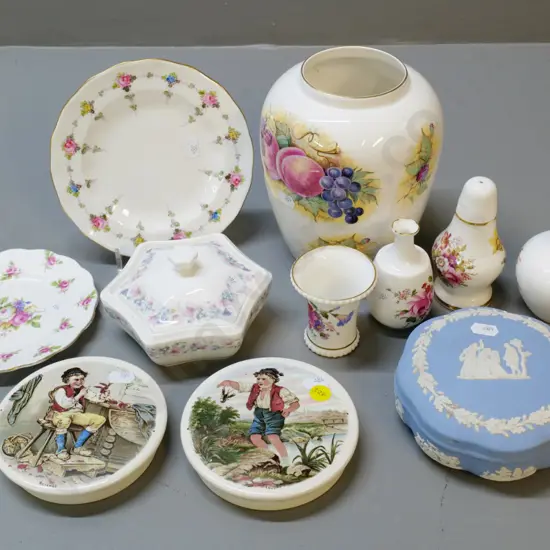collection of English china incl. Crown Staffordshire Orchard Glory vase, 2 decorative pot lids, Crown Derby items etc.