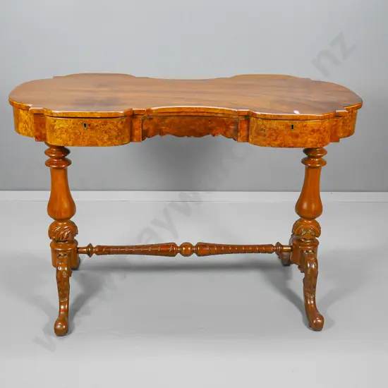 antique hall table, solid & burr veneer rosewood, carved legs, stretcher base, 2 drawers H730 W1080 D530