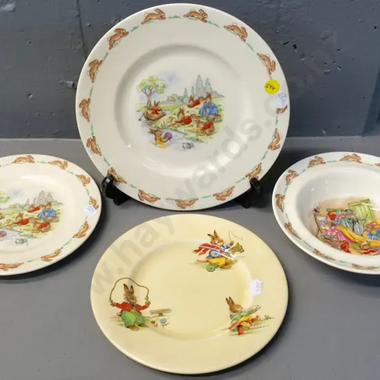 3 Royal Doulton Bunnykins plates, largest is D-205, and a Royal Winton Bunny's Playtime plate