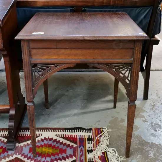 oak square occasional table with fretted bracketing, tapered legs H720 W600 D600