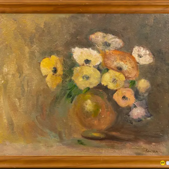 John White - framed oil - still life flowers (age damage) H-460 W-550
