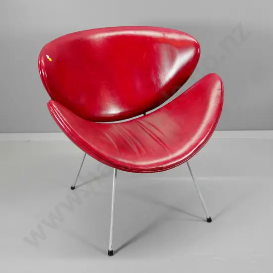 red leather upholstered lip chair with silver painted metal frame H-750 W-700 D-700