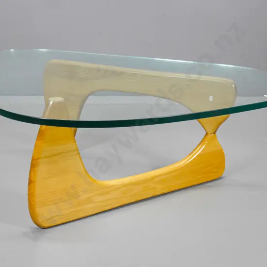 Isamu Noguchi design coffee table - heavy glass top on 2 piece ash base H390 L1300 W950