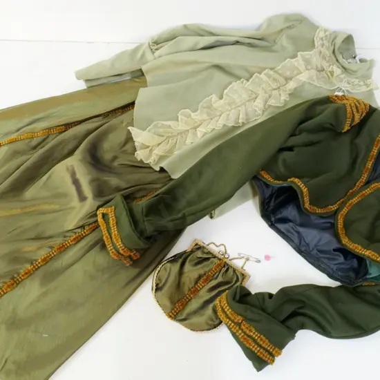 vintage costume items - Edwardian day wear - green skirt, bolero jacket, lace jabot blouse, purse