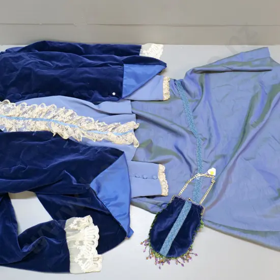 vintage costume items - Victorian/Edwardian blue shot silk skirt, blue & cream lace blouse, blue velvet jacket & purse