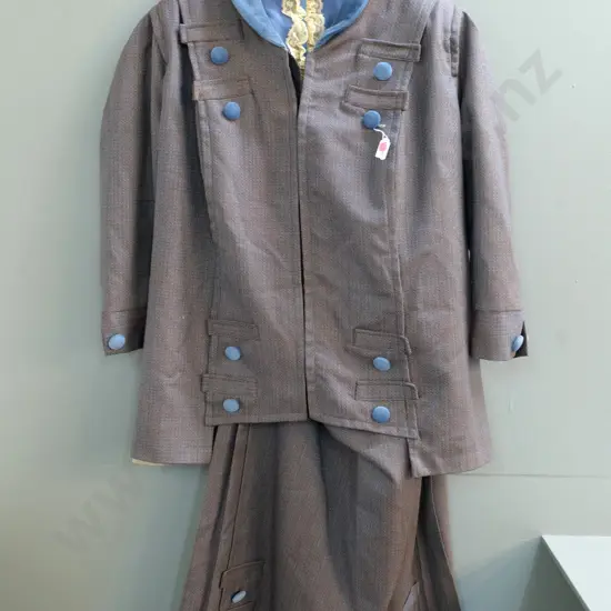 vintage costume items - Edwardian tailored tweed jacket & skirt with blue velvet trim, blue & cream jabot