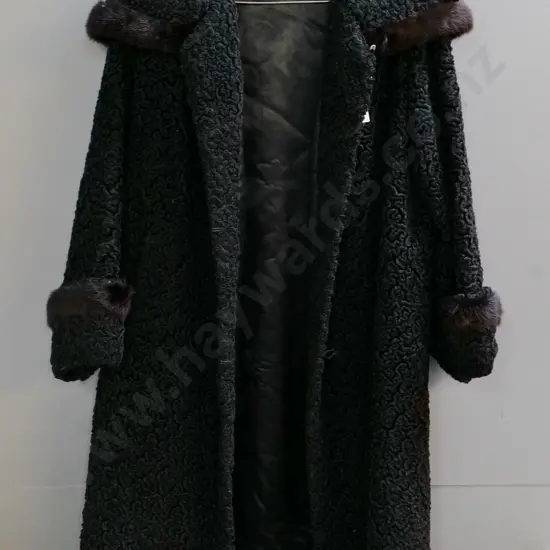vintage costume items - black Astrakhan coat with fur trim - some wear