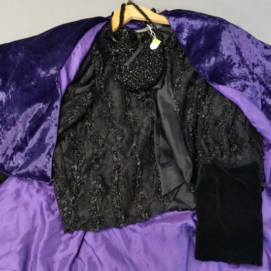 vintage costume items - short beaded top and bag, and a short purple velvet cape