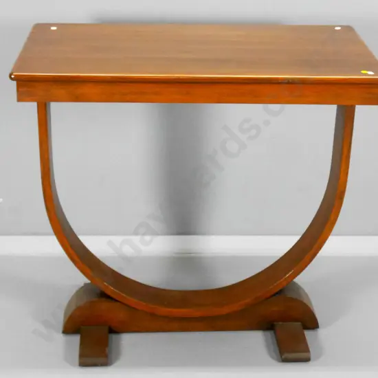 deco style beech hoop-base hall table - scrape to one edge, marks to polish on top H-690 W760 D-450