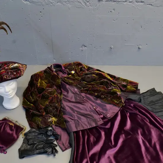 vintage costume items - Edwardian purple velvet skirt, patterned jacket, silk blouse, bag, gloves etc.