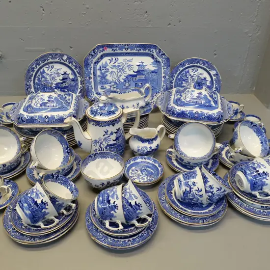 large quantity of Burleigh Willow pattern china - 8 places, coffee pot, teapot (tiny chip) coffee cups & saucers, etc