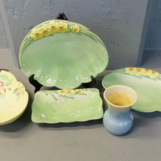 3 Beswick daffodil dishes, larger are L240, Carlton Ware apple blossom dish, drip glaze pottery vase, incised 17 on base