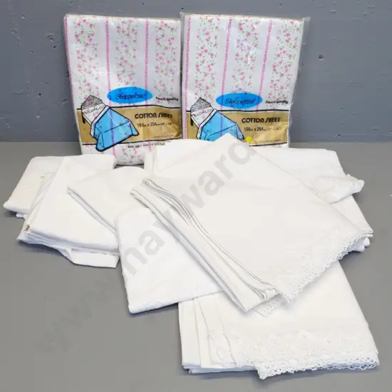various embroidered or lace-edge linens, pillow covers etc - and 2 retro single bed sheets in original packaging