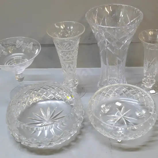 crystal items - 3 cut crystal vases, larger H260, etched comport bowl, 2 salad bowls - comport and 1 vase are Stuart