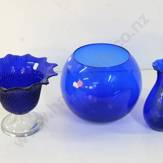 3 pieces of cobalt blue glass - Italian hand blown ball shaped H190, bowl on clear stem, and a vase with applied pattern