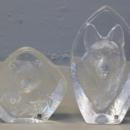 2 Mats Jonasson Sweden glass relief ornaments - wolf and bear, taller is H-170
