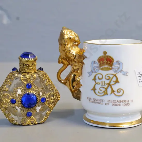 scent bottle with filigree and coloured glass and a miniature Staffordshire 1953 Coronation mug with lion handle H-80