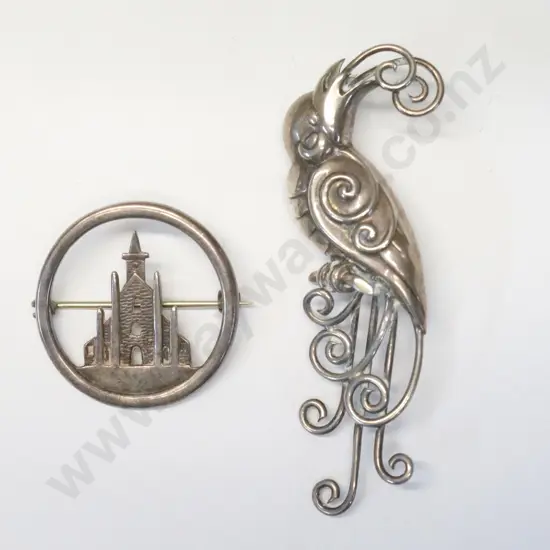 silver peacock brooch [Mexico silver] & silver castle brooch [GMS silver]