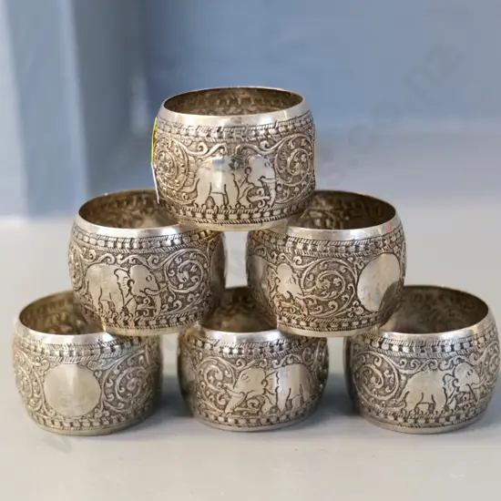 set of 6 Indian silver (plated?) elephant motif napkin rings