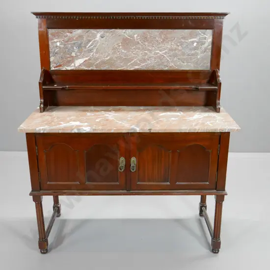 vintage mahogany wash-stand with 2-door cupboard base, marble top & framed marble upstand H1265 W1080 D460