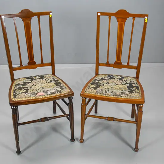 pair of vintage mahogany bedroom chairs with inlay decoration in back, floral tapestry seats H920 W430 D420