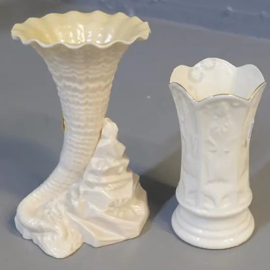 2 Belleek items - green mark nautilus vase H-130 and brown mark small vase
