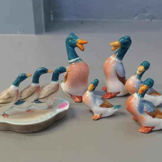 6 Beswick duck items - 5 single mallard figures, taller are H100, and a pin dish