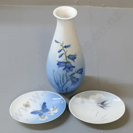 3 Royal Copenhagen pieces - harebell pattern vase No. 2918 YO55, H-190, and 2 pin dishes