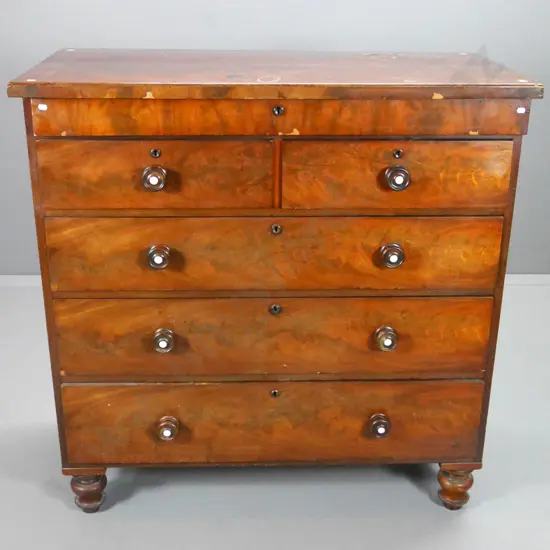 Victorian flame mahogany 6-drawer Scotch chest - veneer loss / lifting, polish wear, borer in back H1180 W1150 D550