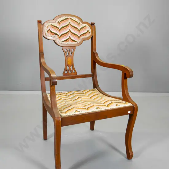 vintage mahogany empire-style occasional chair with fretted back and inlay decoration, crewel upholstery H910 W510 D480