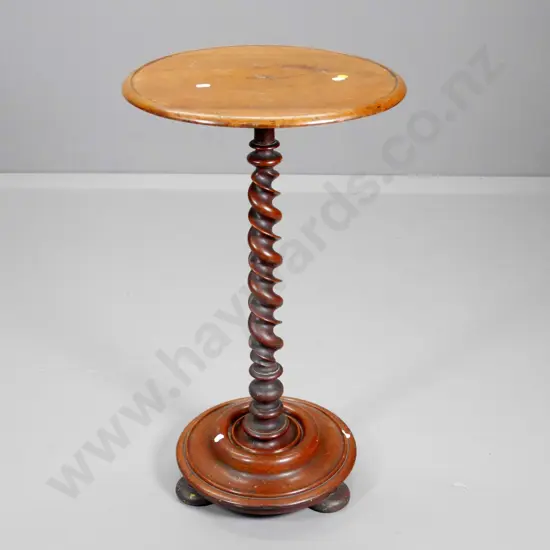vintage walnut round occasional table - barley twist column w/3 bun feet - chip to barley twist section H680 D375