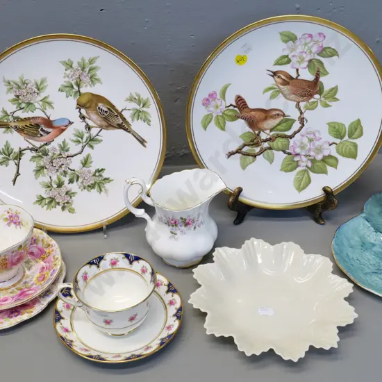 assorted bone china: 2 Spode garden birds plates, Belleek green mark dish, Royal Albert trio, tennis set, jug etc.