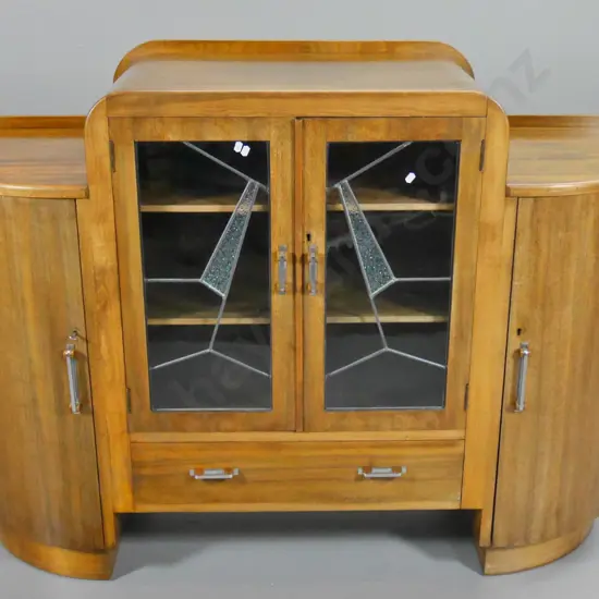 deco mahogany china cabinet / sideboard 2 leadlight & 2 solid rounded doors, bakelite handles, key H1020 W1400 D500