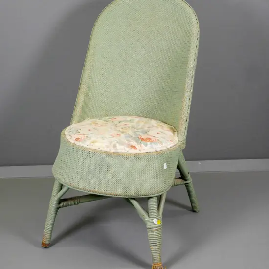 vintage Lusty Lloyd Loom style chair with floral fabric seat, some unravelling on leg, paint wear H-780 W-430 D-530