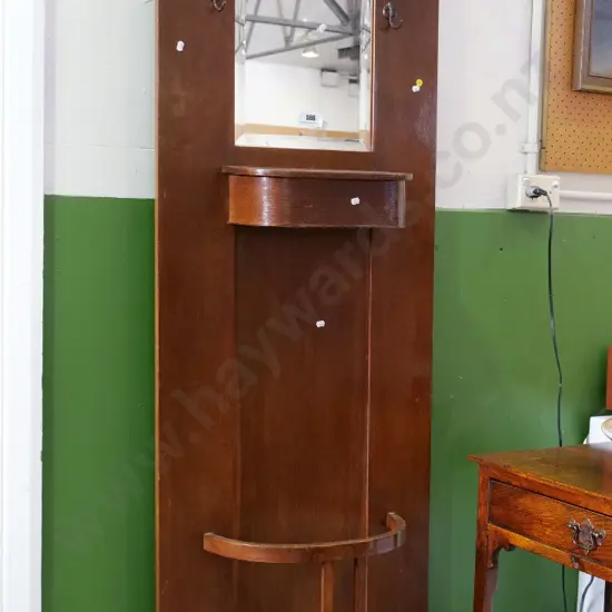 deco oak hall stand with bevelled mirror, umbrella holder, lidded compartment, 6 hooks H-1850 W-1000 D-200