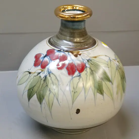 Neil Grant pottery vase with gold rim - has dark under-glaze fault H-250 D-250