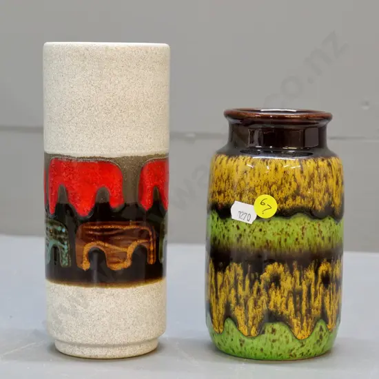 2 German pottery vases - green & gold one marked 237-75, other unmarked H-190