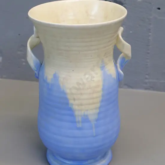 Crown Devon vase with ribbon twist handles, cream & blue glaze H-250 W-160