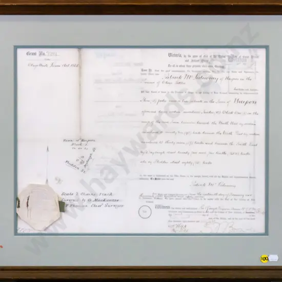 framed land deed - Waipori 1868 H-320 W-440