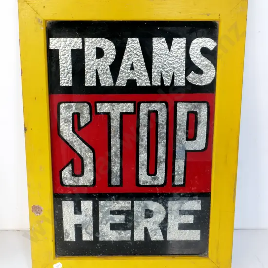 vintage timber framed glass Wellington tram sign with silver foil backing - Trams Stop Here H535 W380