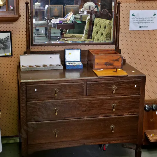 deco oak dressing table with bevelled mirror, 4 drawers, brass drop handles, casters - marks to polish H1520 W1010 D500