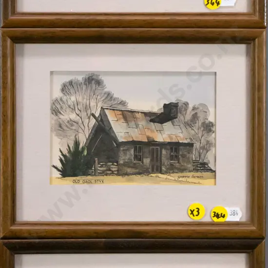 3x ramed hand coloured Yvonne Benson prints - Arrowtown, Old Gaol Styx, Old Bridge Alexandra" Each H-95 W-140