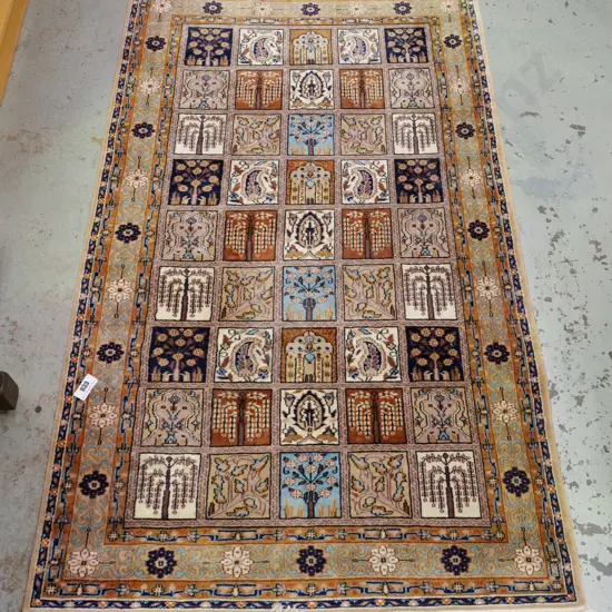 Persian hand-knotted wool floor rug - gold, blues, reds - L1490 W920