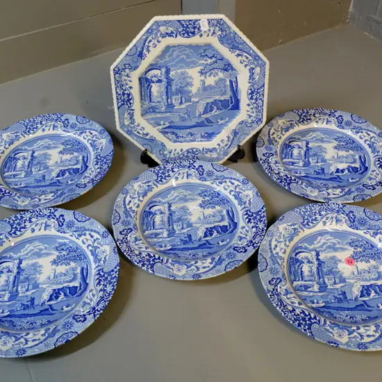 6 Spode Blue Italian plates - 5 round and one octagonal D-240