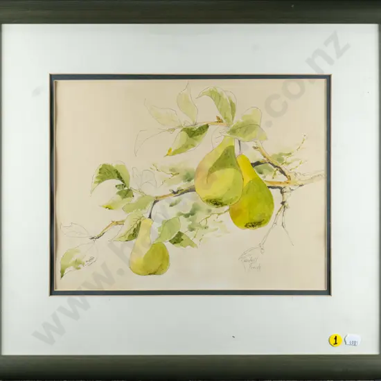 Randall Froude - framed watercolour - pears on branch H-240 W-310