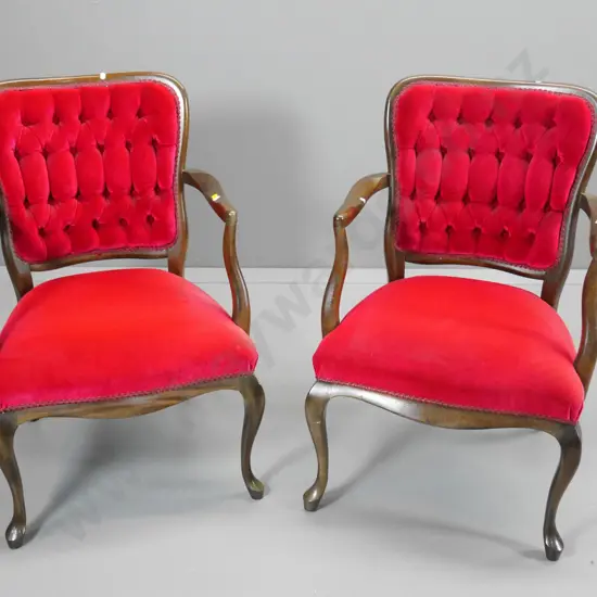 pair of reproduction mahogany elbow chairs in red velvet with deep-button back H-820 W-540 D-550