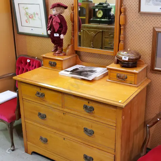 deco kauri chest with 4-lower & 2 upper drawers, mirror top, copper handles, splits, polish needs work H1700 W1085 D570