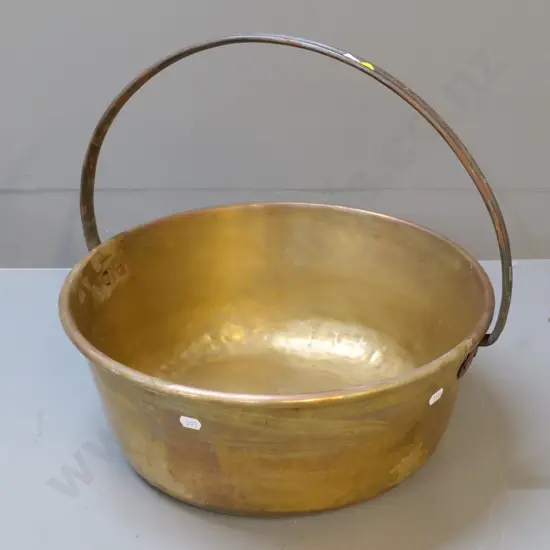 vintage brass jam pan with fixed metal handle - some dings H-370 W-420