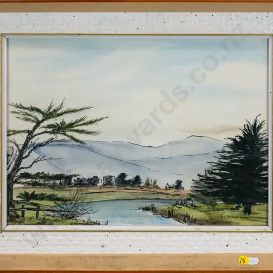 Lois Isaac - framed watercolour and ink - landscape H-260 W-350 (some borer in frame)